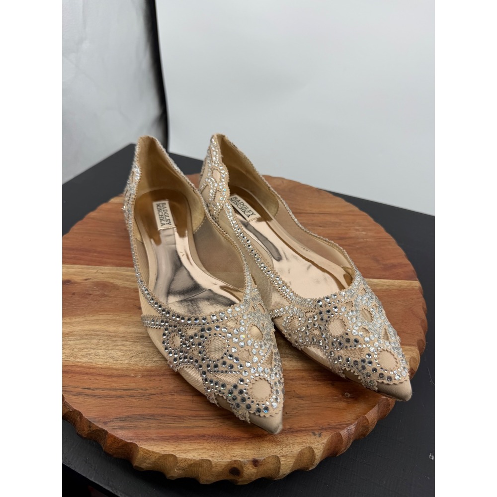 Badgley Mischka Gigi Pointed Toe Flats Women 11 Nude Crystal Mesh Wedding‎ Shoes